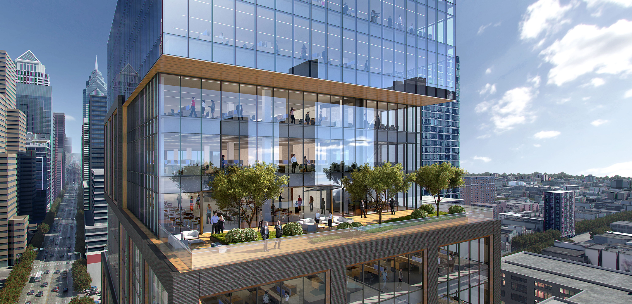 The close up of the outdoor terrace on the exterior rendering of Parkway Corporation's commercial high rise in Philadelphia.