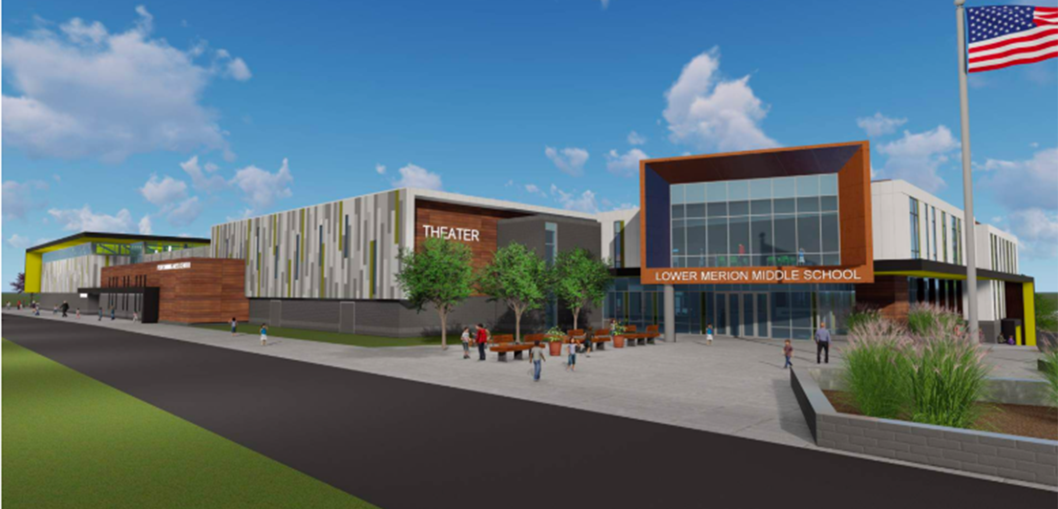A rendering of the Lower Merion Middle School front main entrance featuring the main walkway decorated with trees and a theater sign on the left side of the building.