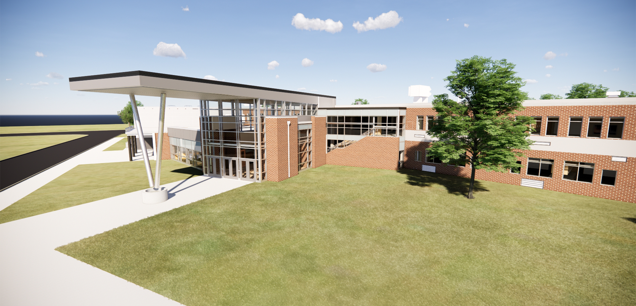 A rendering of the Ben Franklin Middle School main entrance and front lawn showcasing the overhang design and it's supporting pillars.