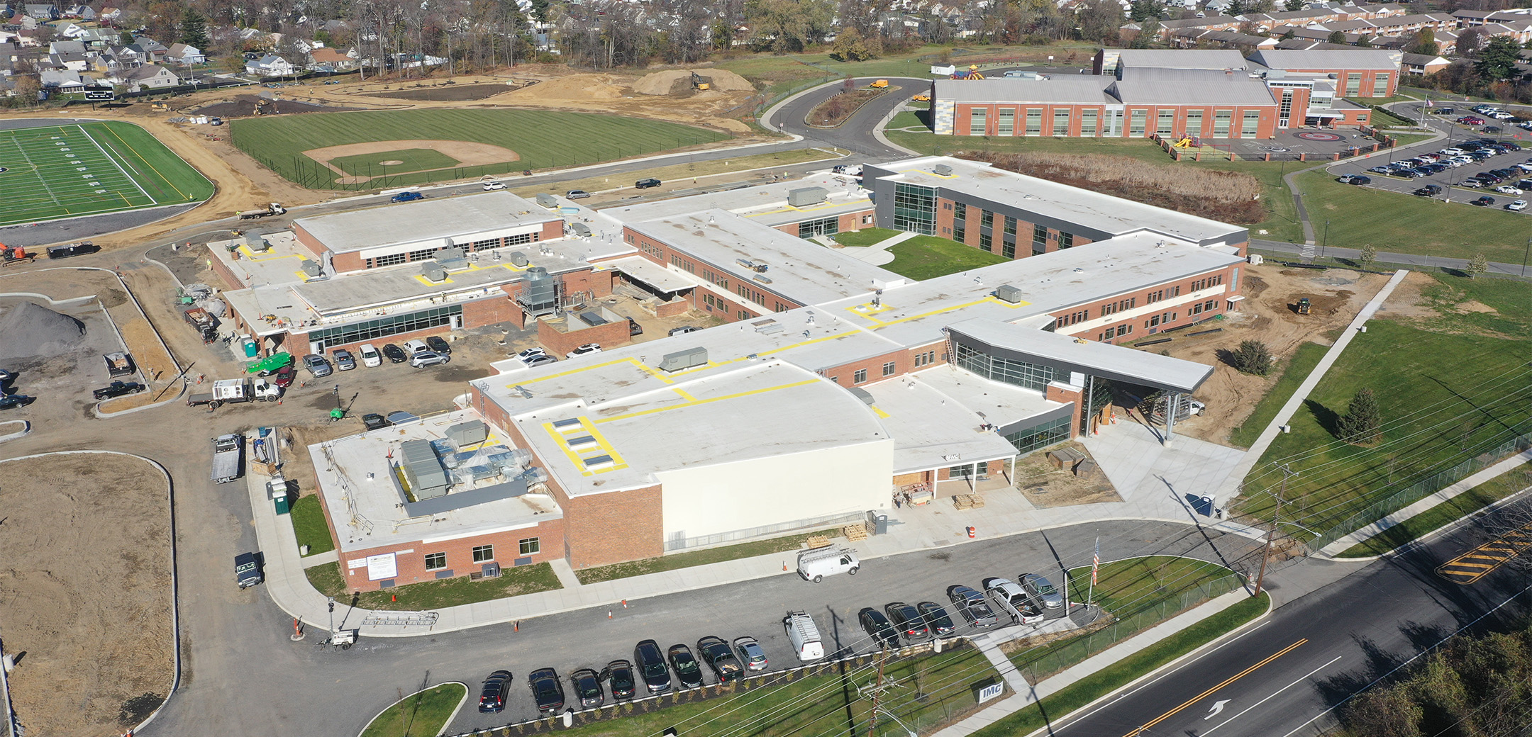 An aerial view of the active construction site of the Ben Franklin Middle School