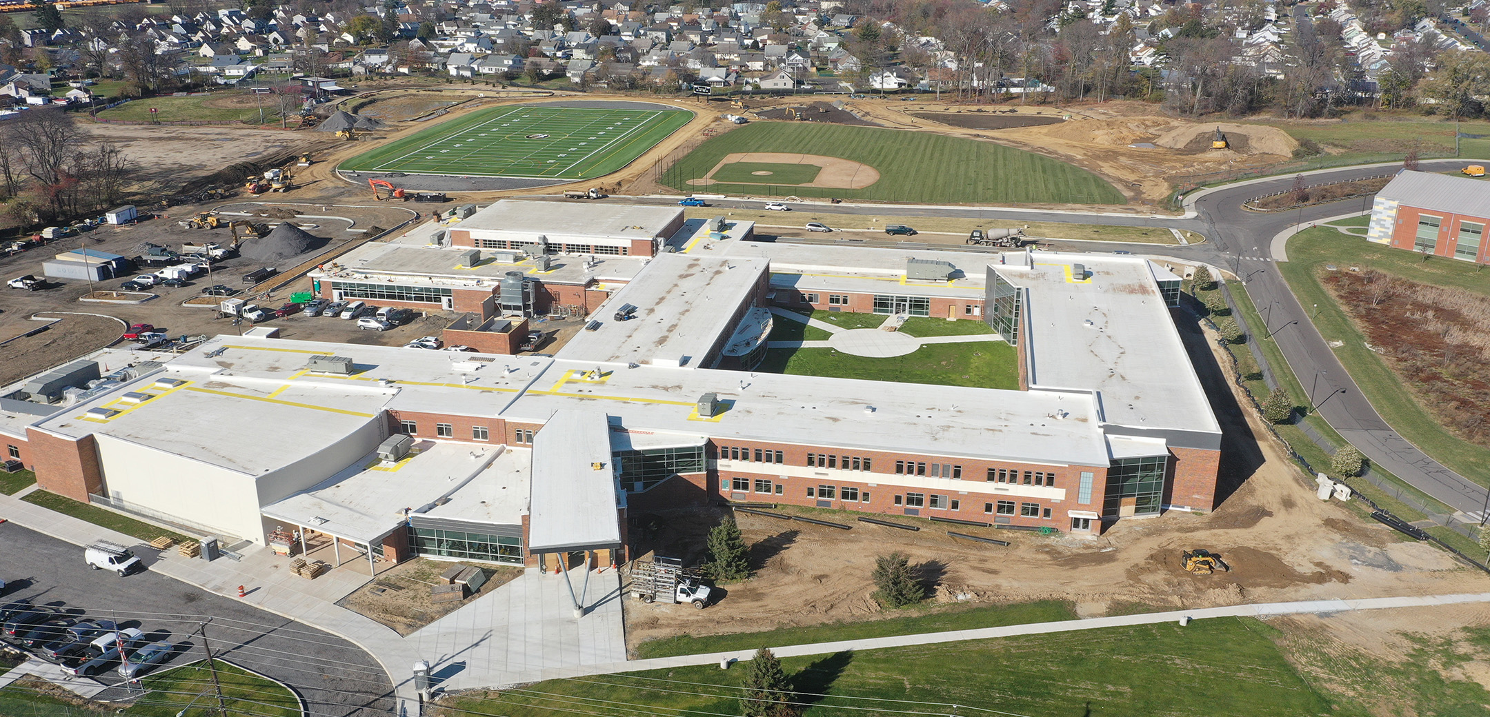 An aerial view of the active construction site of the Ben Franklin Middle School