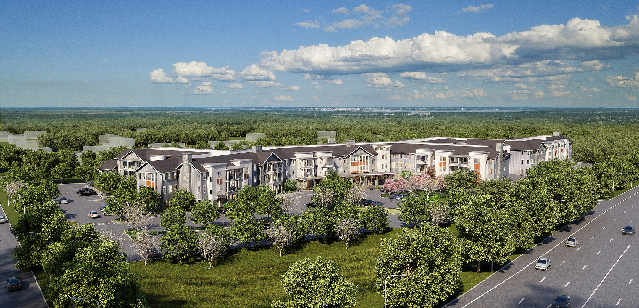 An aerial view render of the Brightview Eaton showcasing the large layout, parking amendments, and general forest area around it and the main street on the side.