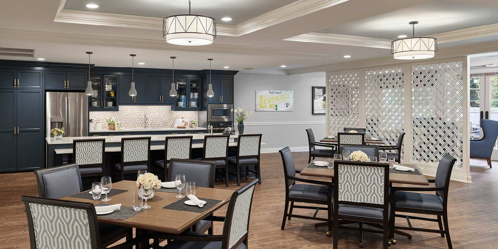 Senior living facility dining room with bar
