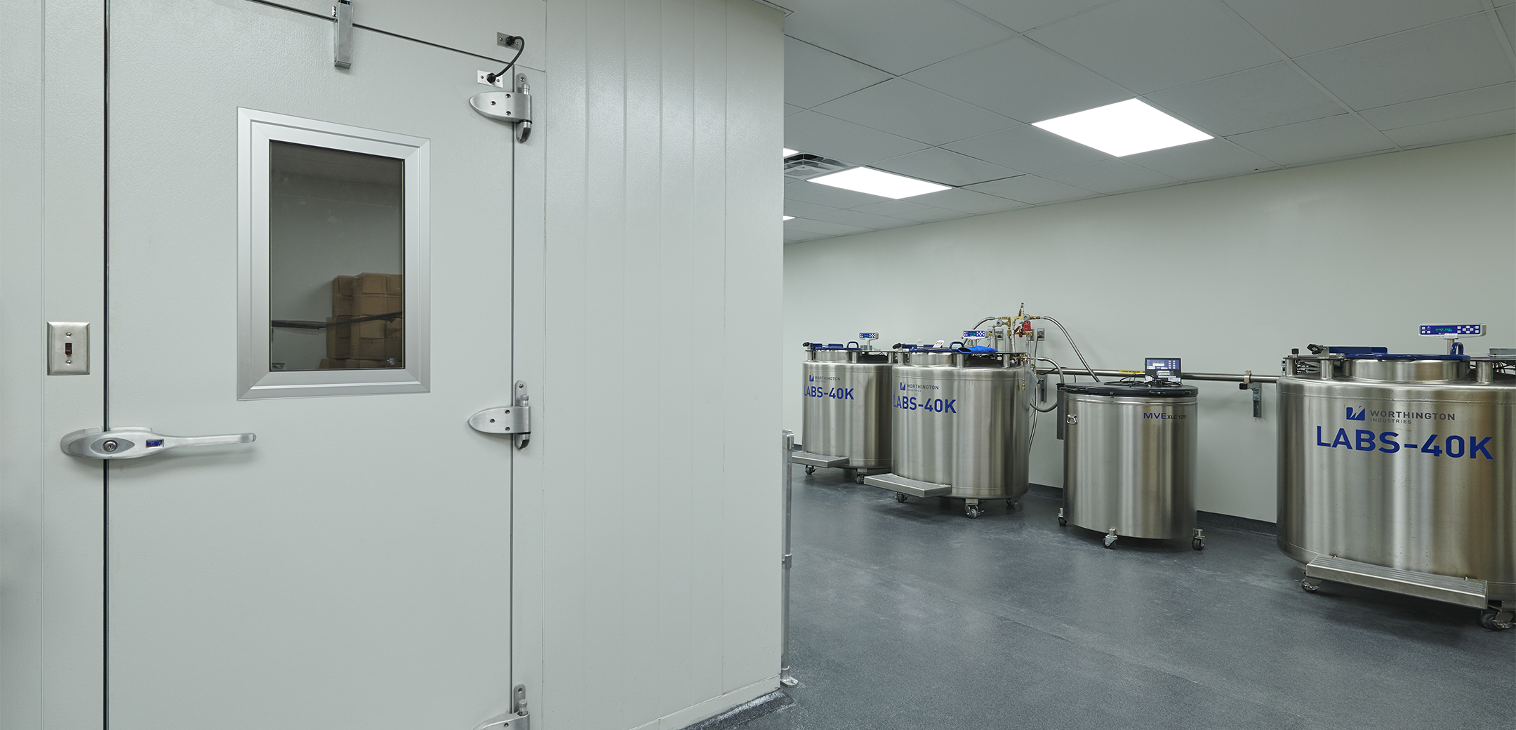 An angled view of the Charles River Cold Room front entrance, showcasing tanks with Labs-40k signage on them.