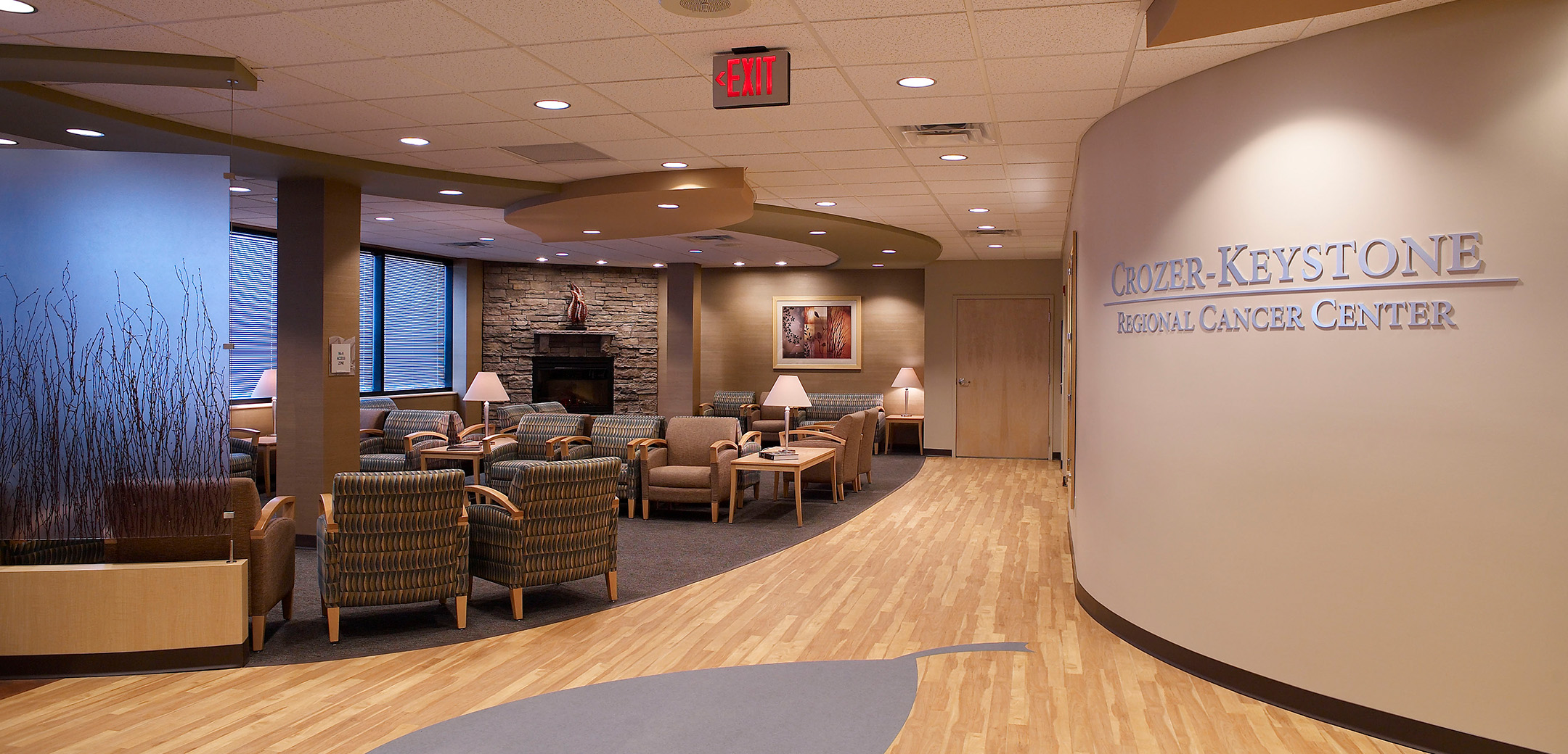 The interior view of the Crozer Keystone building showcasing the patient seating area in the main lobby.