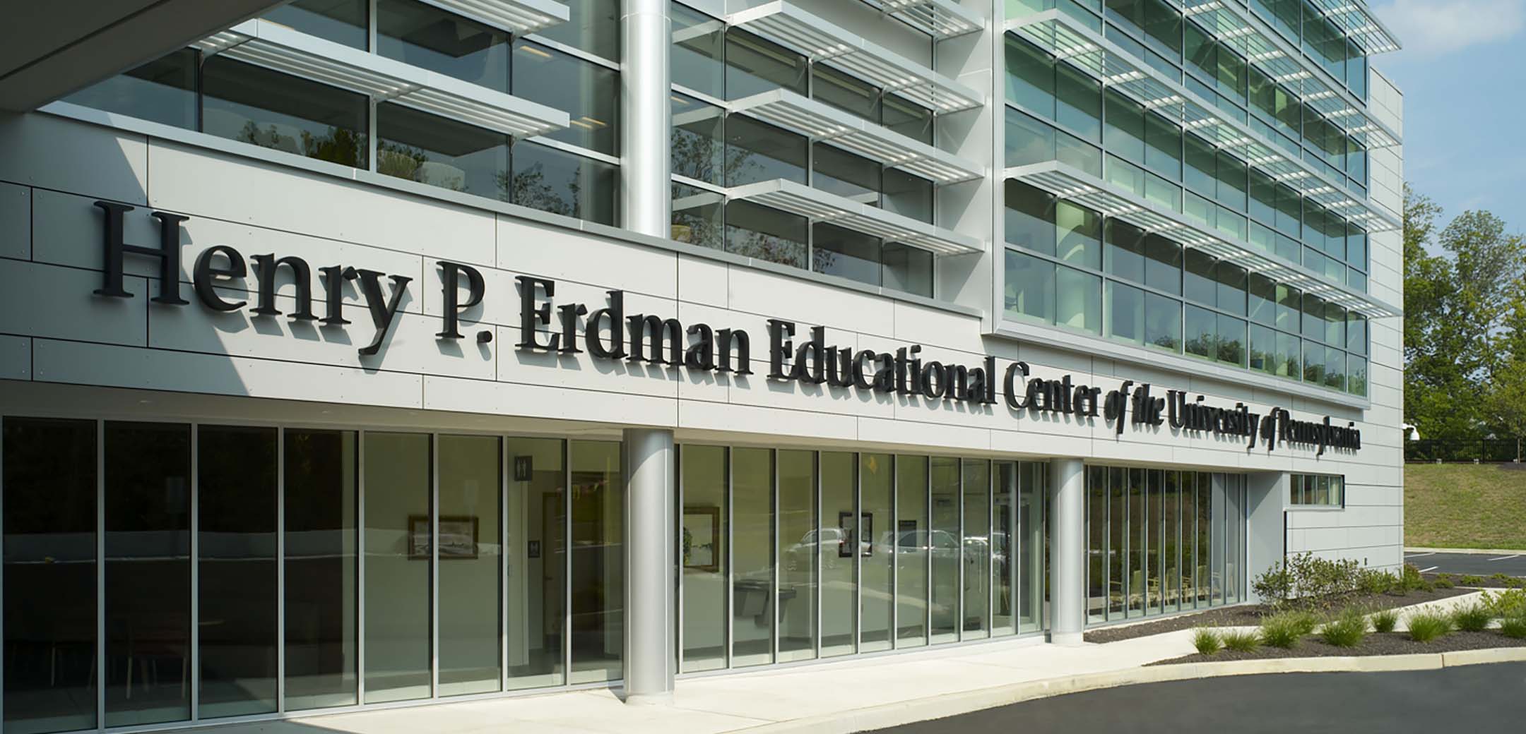 A close up image of the Pen Med VF exterior showcasing the signage saying "Henry P. Erdman Educational Center of the University of Pennsylvania".