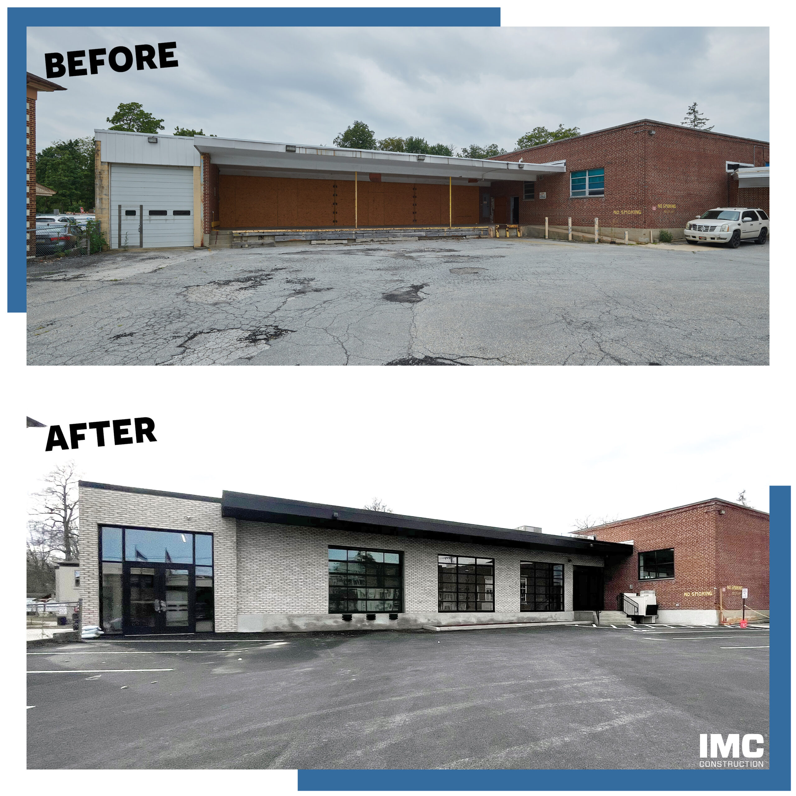 before and after photos of brick industrial building