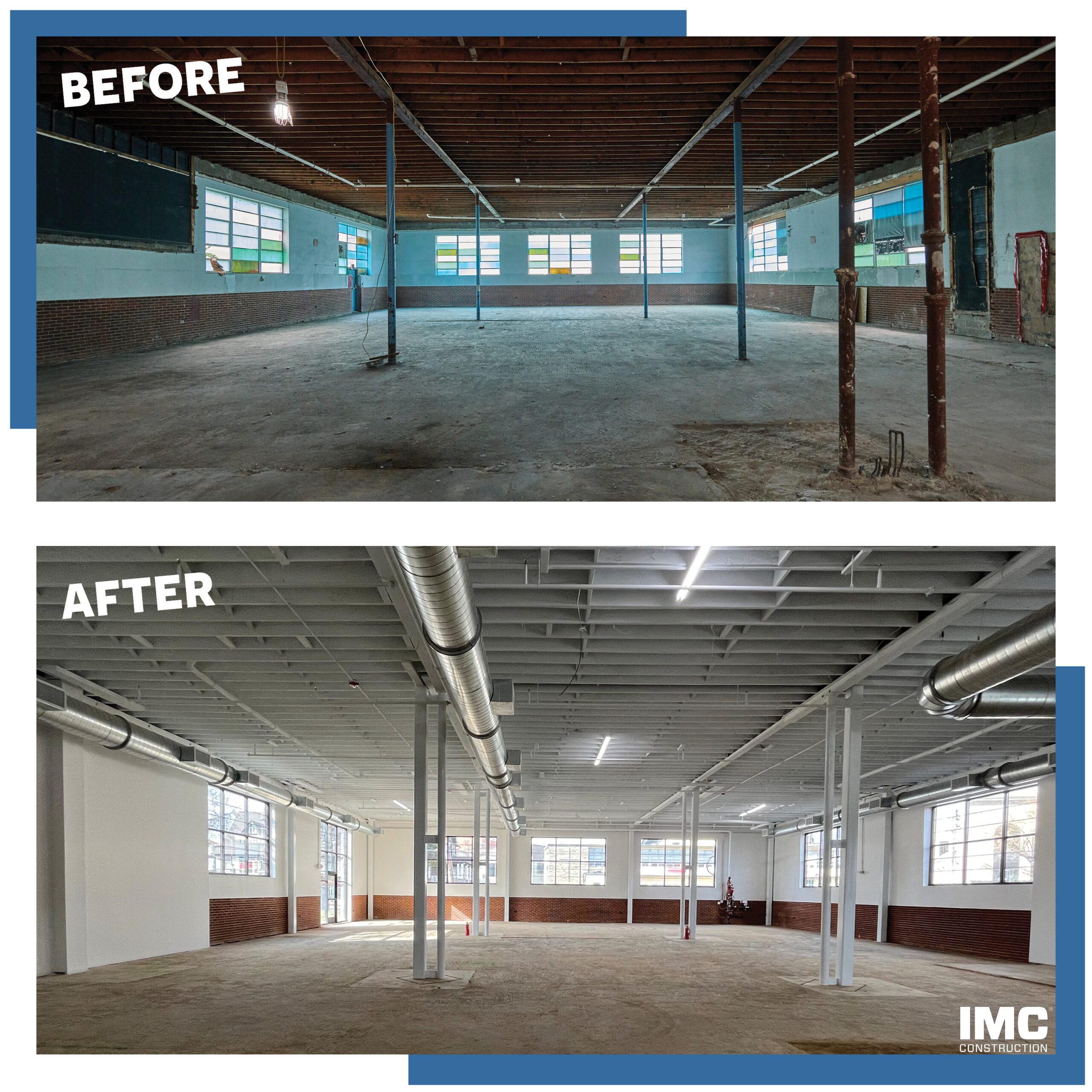 before and after photos of industrial building's interior