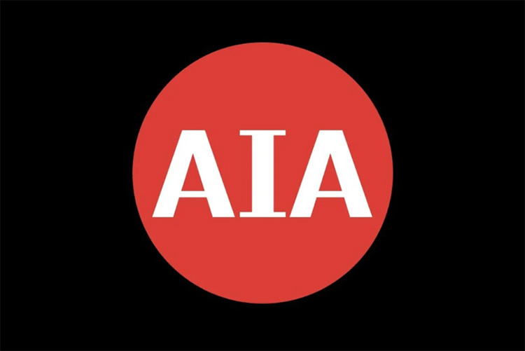 The logo of AIA, showcasing their signage in white inside a red circle on a black background.