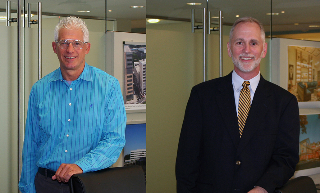 A side-by-side image with Rich Altus in a blue shirt on the left and Mike Gross in a black suit on the right, both smiling at camera.