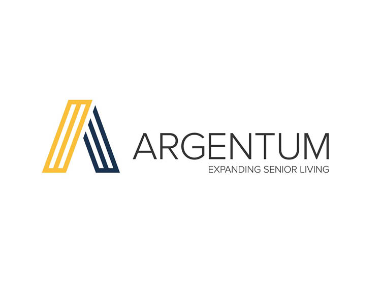 The logo of Argentum showcasing their yellow and black vector line logo in the shape of an ``A`` and ``Argentum Expanding Senior Living`` signage to the right of it.