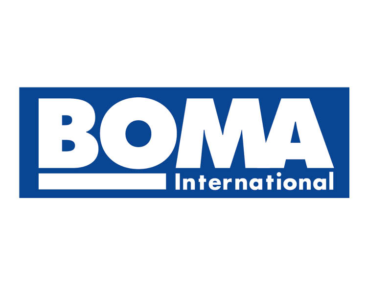 The logo of BOMA showcasing their white signage ``BOMA International`` inside a blue rectangle.