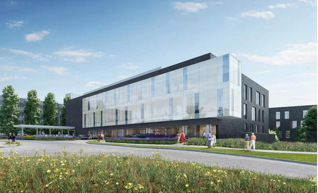 A rendering of the new outpatient facility for University of Pennsylvania Health System in Radnor with a large glass exterior.