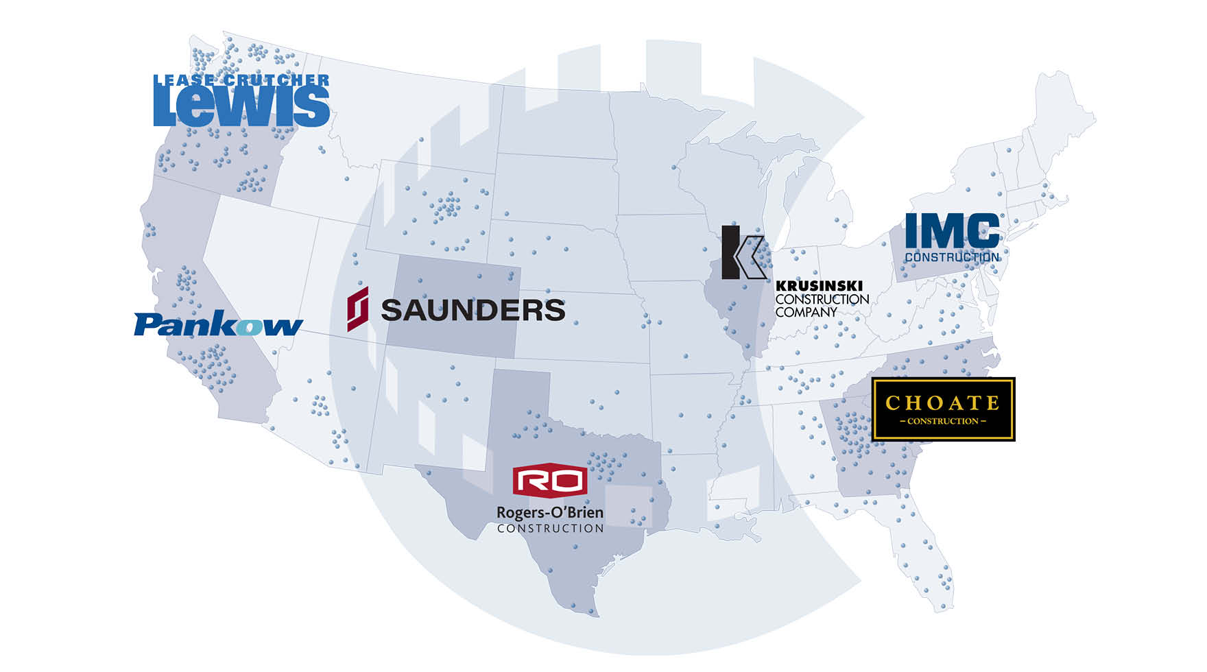 The map of the United States with several logos of different construction companies on different parts of the map.