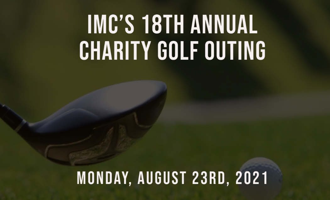 Picture of a golf ball and club between text for IMC's 18th annual charity golf outing in 2021