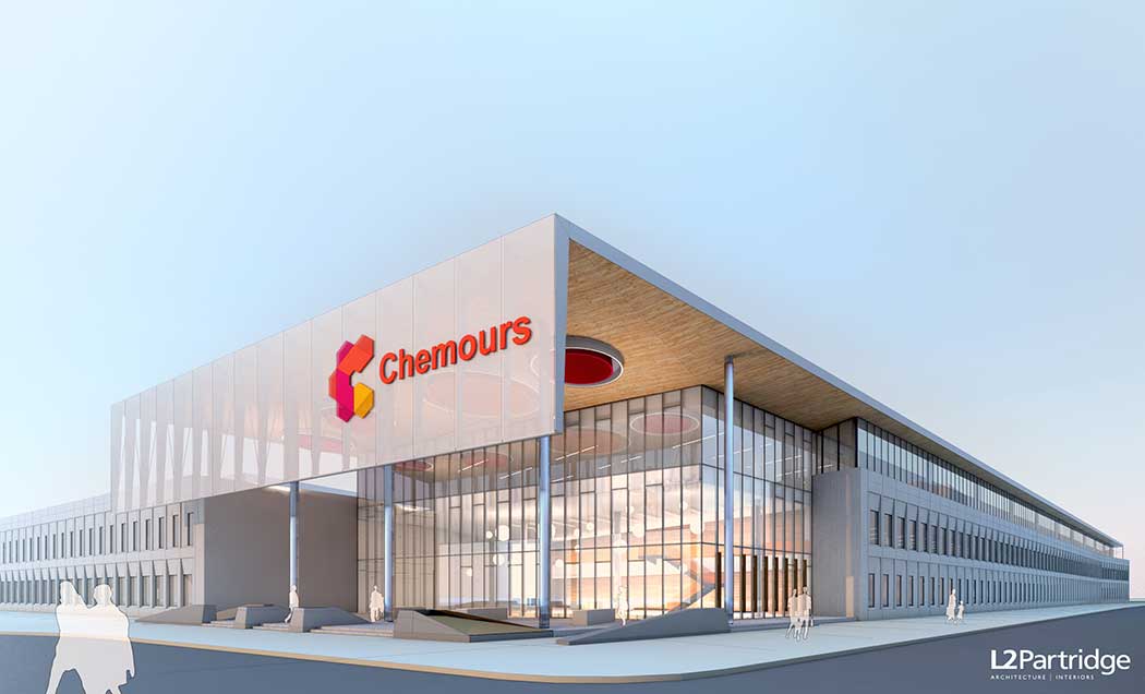 A rendering of the Chemours Discovery Hub building with a large glass partition and exterior steps.