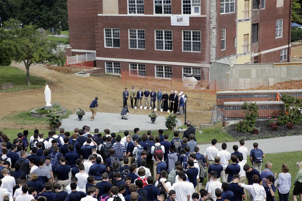An aerial view of students gathered to celebrate the ground breaking for the new Malvern Prep Center for Social Impact.