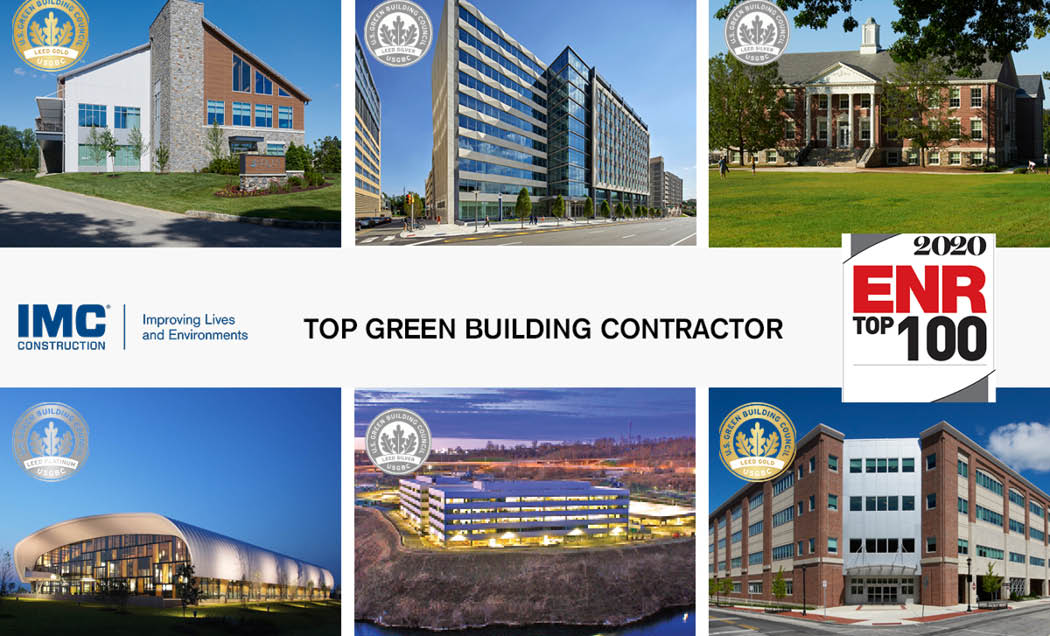 ENR Top 100 logo over six project photos with LEED certification logos