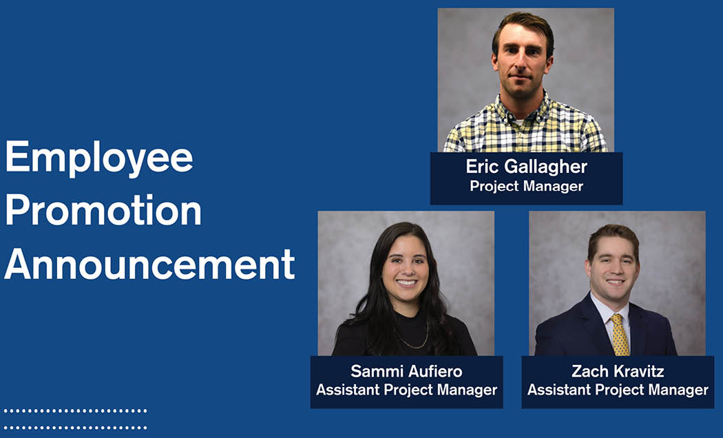 A blue graphic with the text "Employee Promotion Announcement" with three employee headshots and their titles