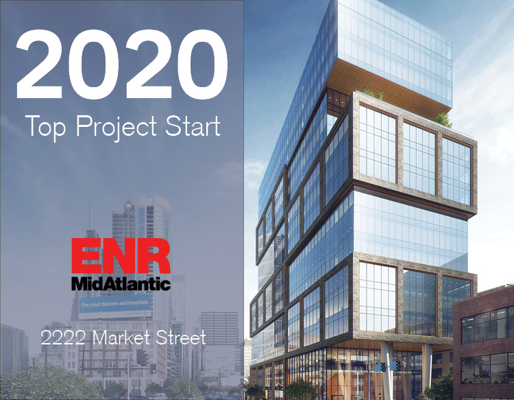 An awards graphic featuring the 2020 Top Project Start, ENR MidAtlantic logo placed on a half gray tinted image of 2222 Market Street.