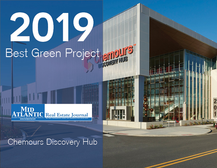 An awards graphic featuring the 2019 Best Green Project, Marej logo placed on a half blue tinted image of Chemours Discovery Hub.