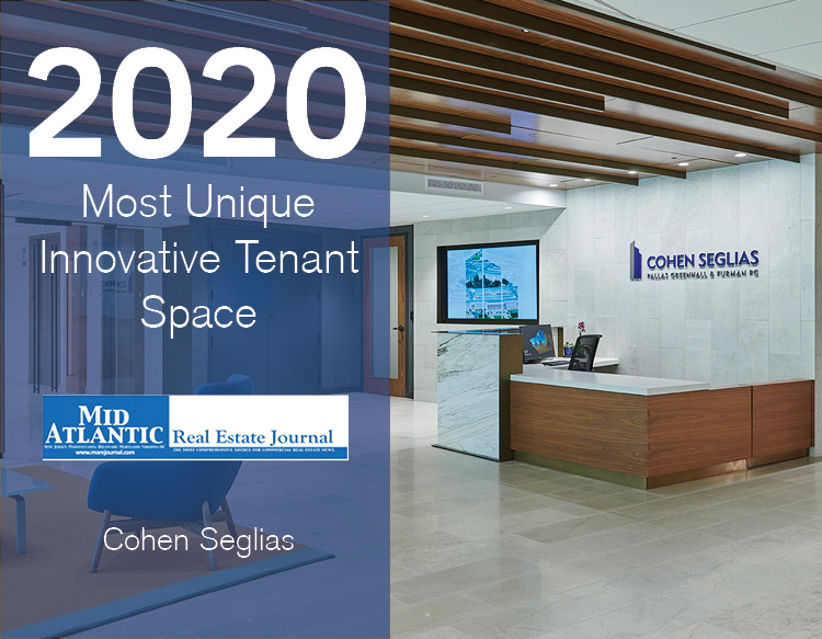 An awards graphic featuring the 2020 Most Unique Innovative Tenant Space, MAREJ logo placed on a half blue tinted image of Cohen Seglias.