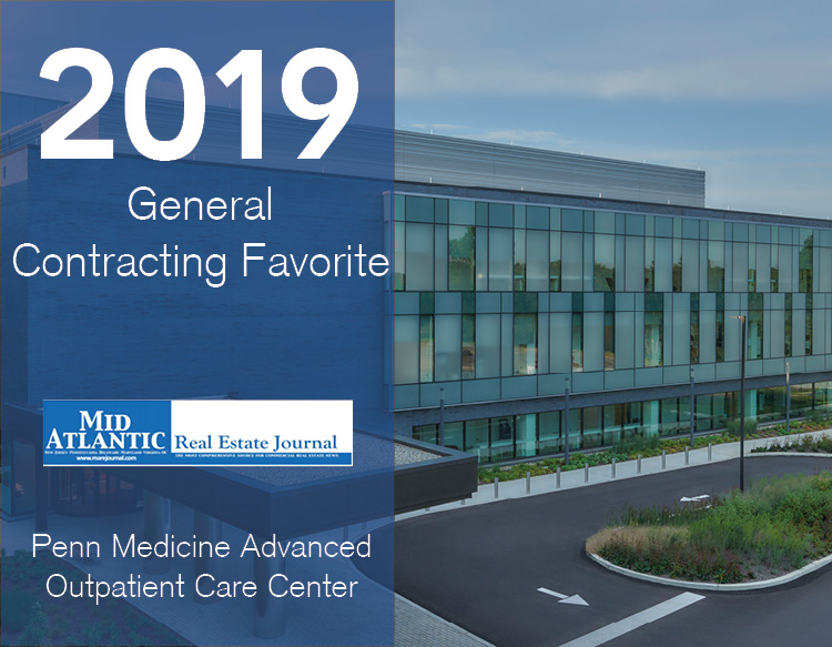 An awards graphic featuring the 2019 General Contracting Favorite, MAREJ logo placed on a half blue tinted image of Penn Medicine Advanced Outpatient Care Center.