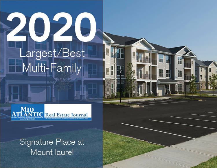 An awards graphic featuring the 2020 Largest/Best Multi-Family signage, MAREJ logo placed on a half blue tinted image of Signature Place at Mount Laurel.
