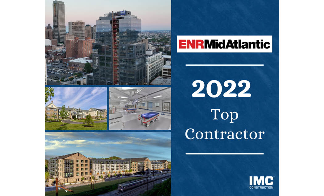 A graphic with the ENR MidAtlantic logo and ``2022 Top Contractor`` below, various project photos to the left with a white IMC logo in the bottom right corner