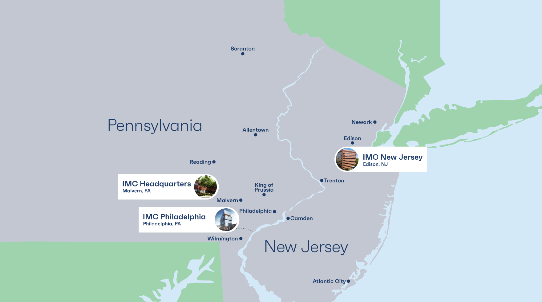 A zoomed in view of a map of Pennsylvania, New Jersey and part of Delaware in gray with location markers labeled IMC Headquarters Malvern, PA, IMC Philadelphia, Philadelphia, PA and IMC New Jersey, Edison, NJ on the location