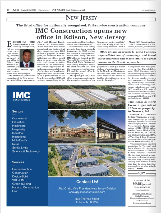 IMC Construction opens new office in Edison, NJ news article