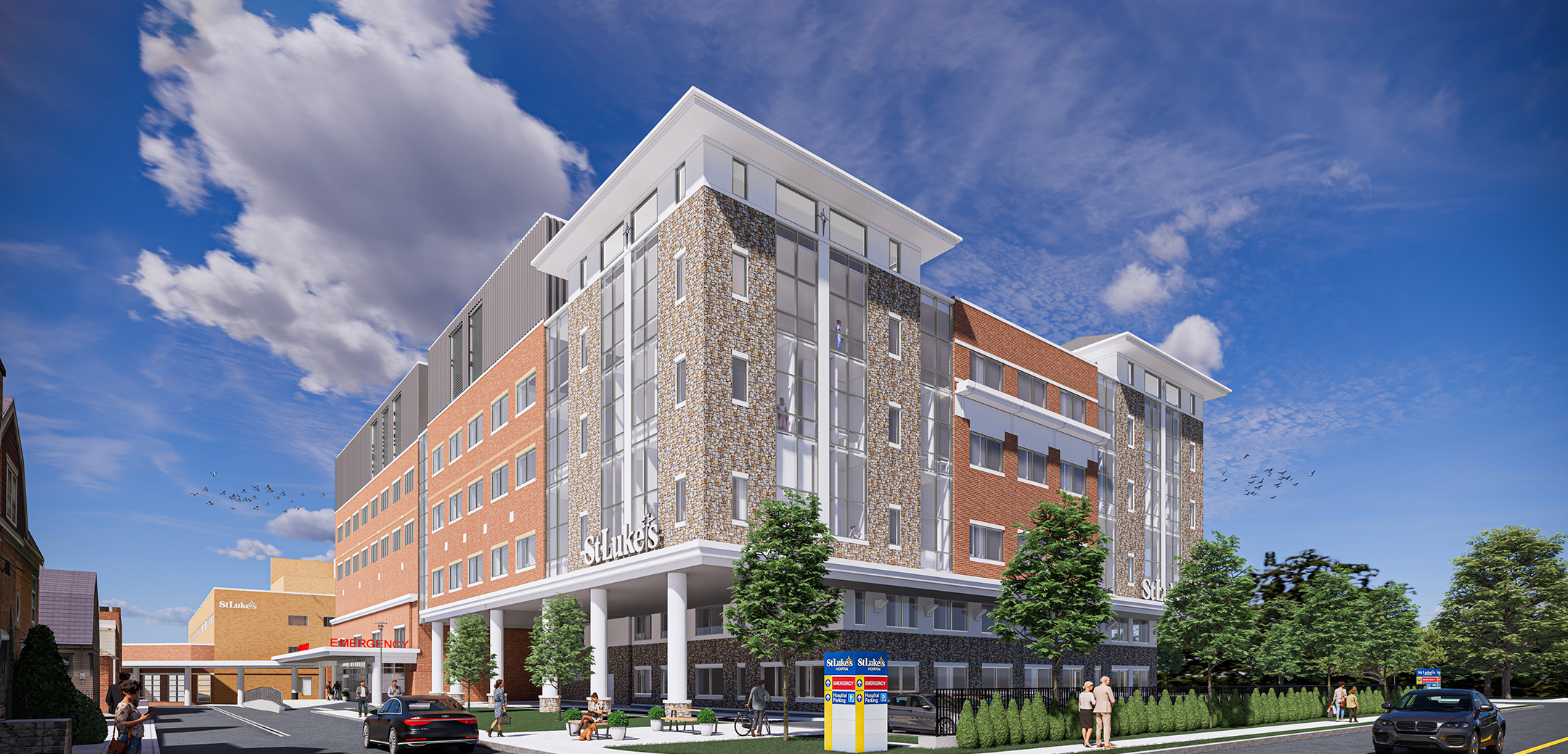 A rendering of St. Luke's University Health Network Mother's and Baby Tower showcasing the tan and red brick exterior of the facility with windows