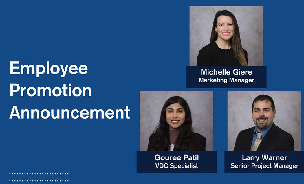 A blue graphic with the headshots of three IMC employees announcing their promotions.