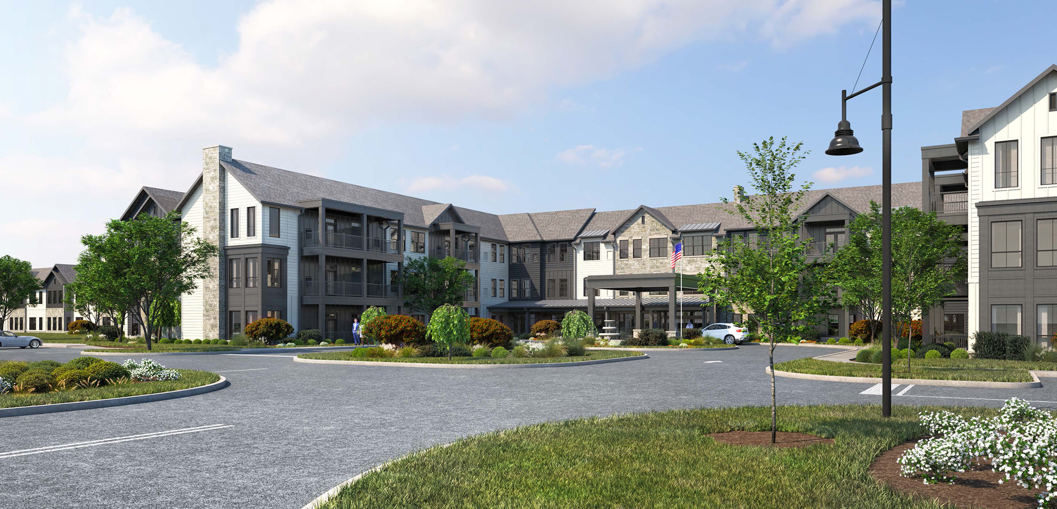 A rendering of Brightview Holmdel Senior Living featuring brown stone and wood exterior and a landscaped front yard.