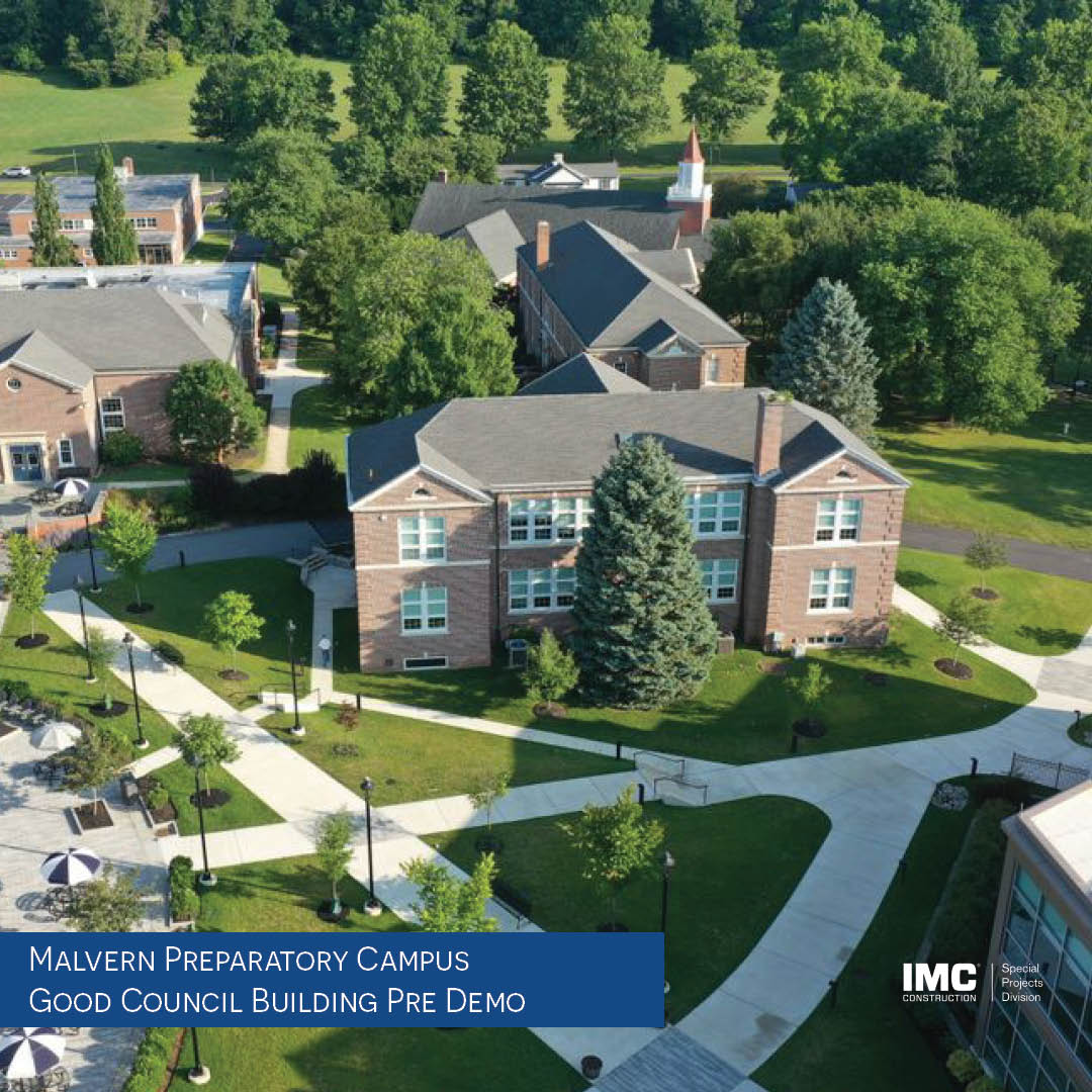 A drone shot of the Good Council Building on Malvern Preparatory Campus Pre Demo