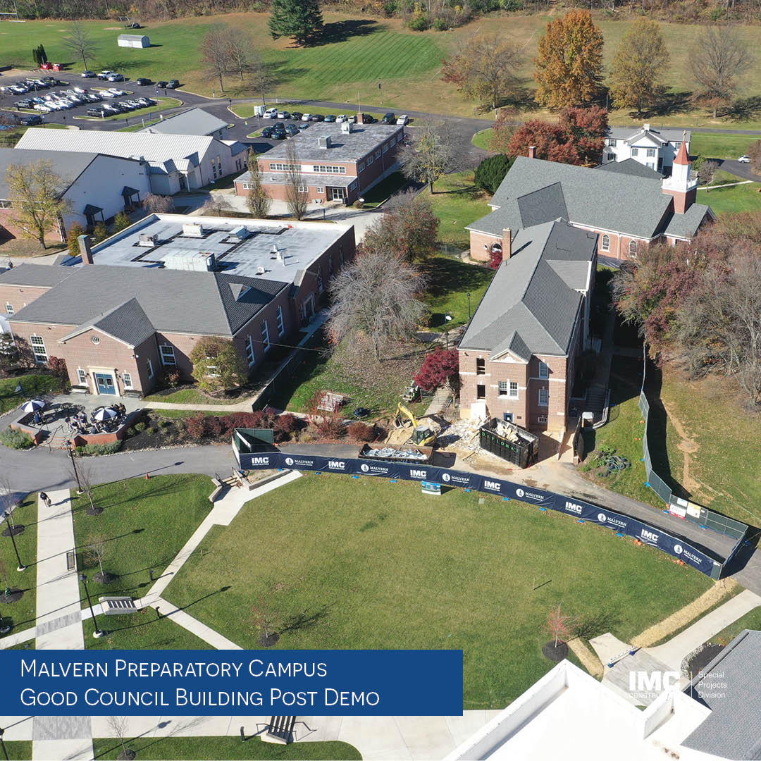 A drone shot of Malvern Preparatory campus showing an open courtyard where the Good Council building used to be