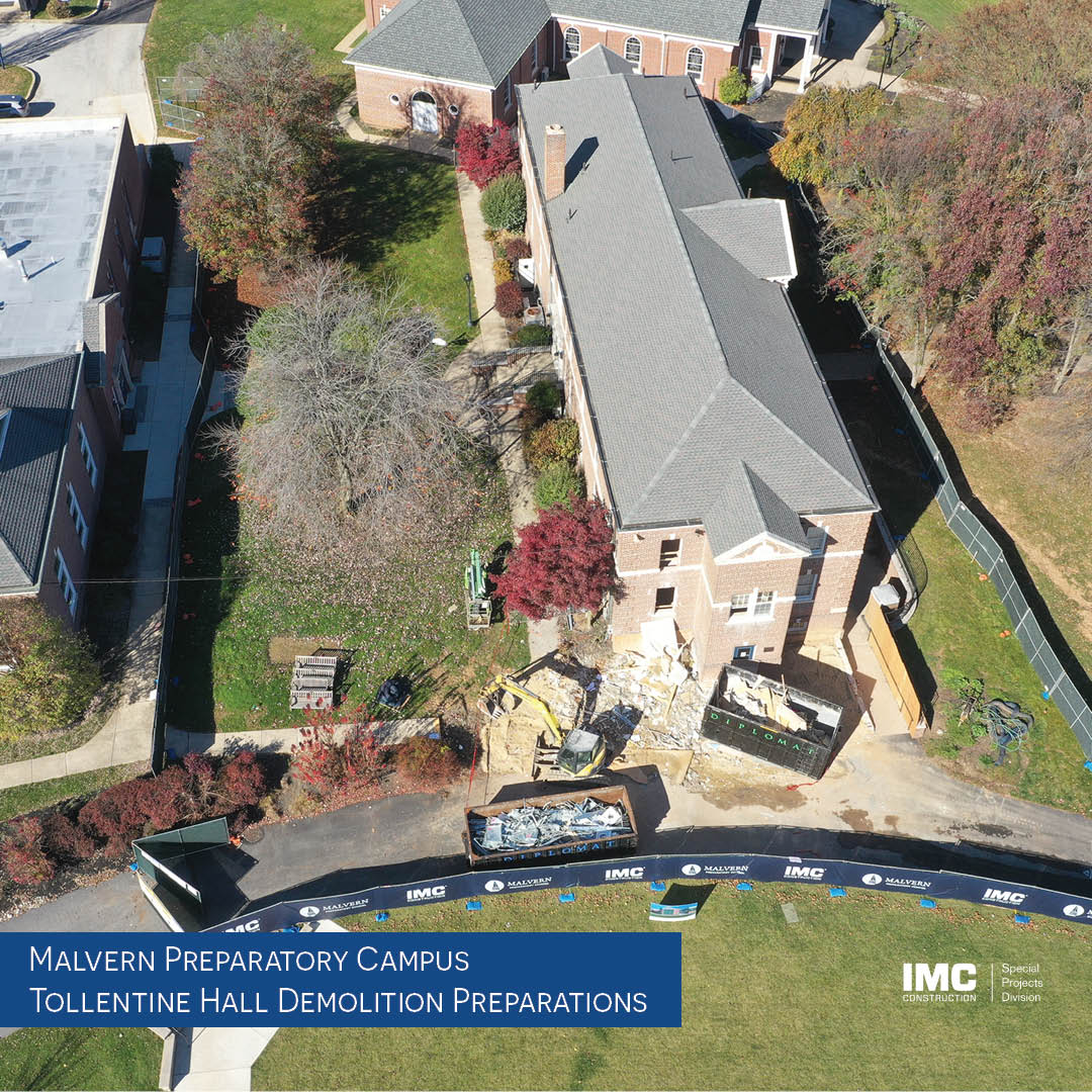 A drone shot of Tollentine Hall with the interiors being demolished and renovated