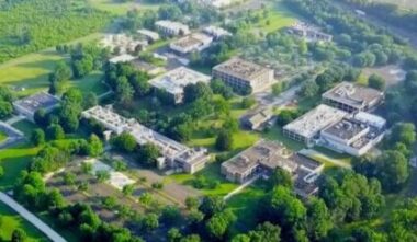 An aerial view of multiple science and technology buildings