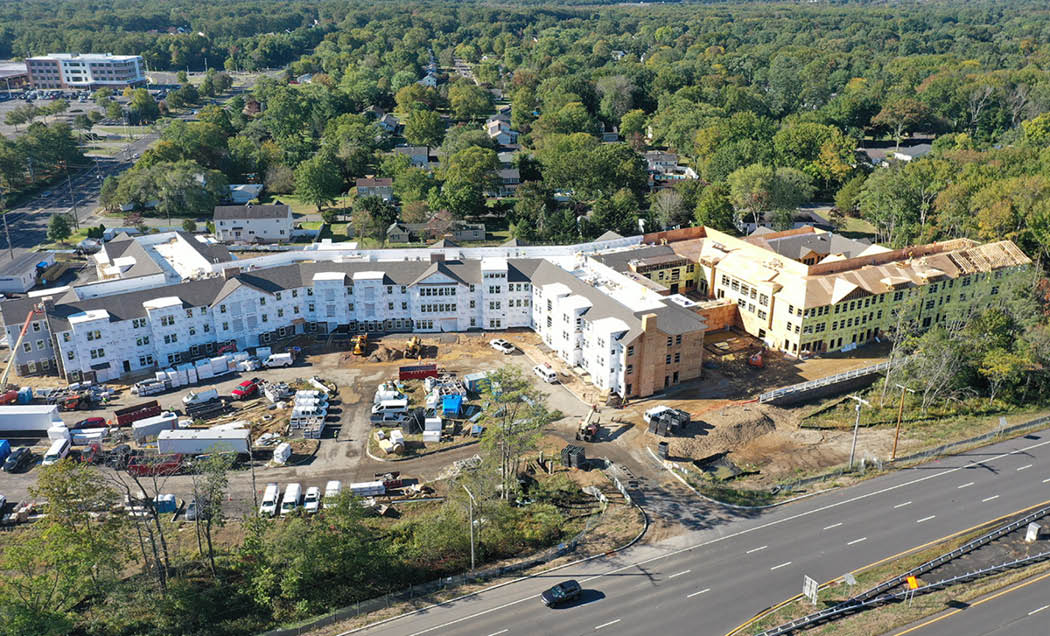 An aerial view of the active construction site of Brightview Eatontown Senior Living