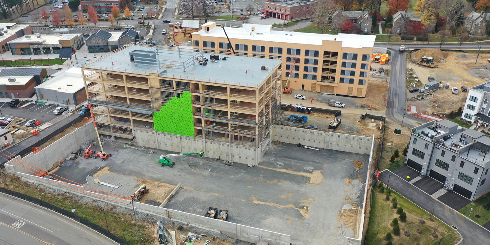 Aerial view of mass timber frame project under construction