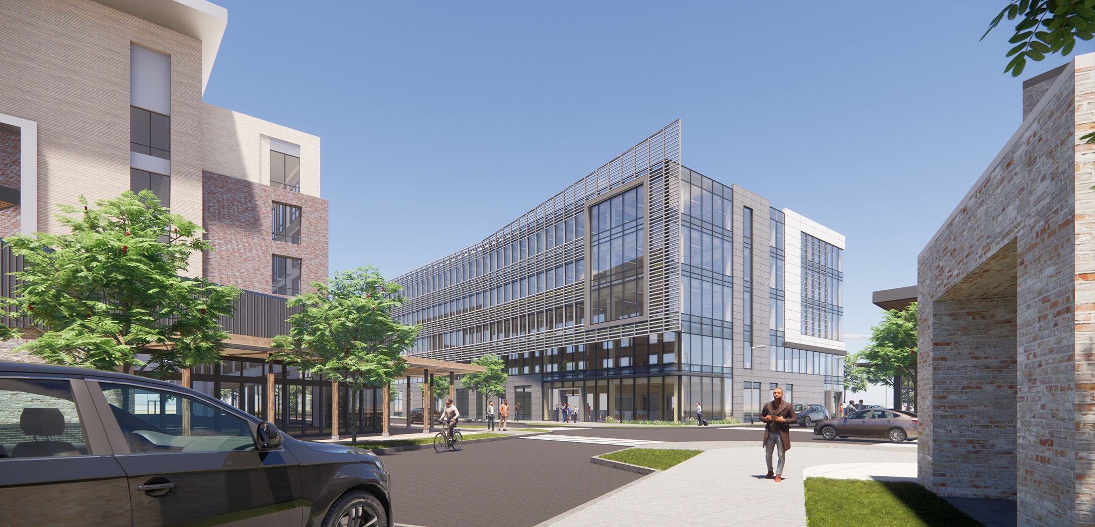A daytime exterior rendering of Ellis Mass Timber Frame featuring five-stories of large swaths of glass