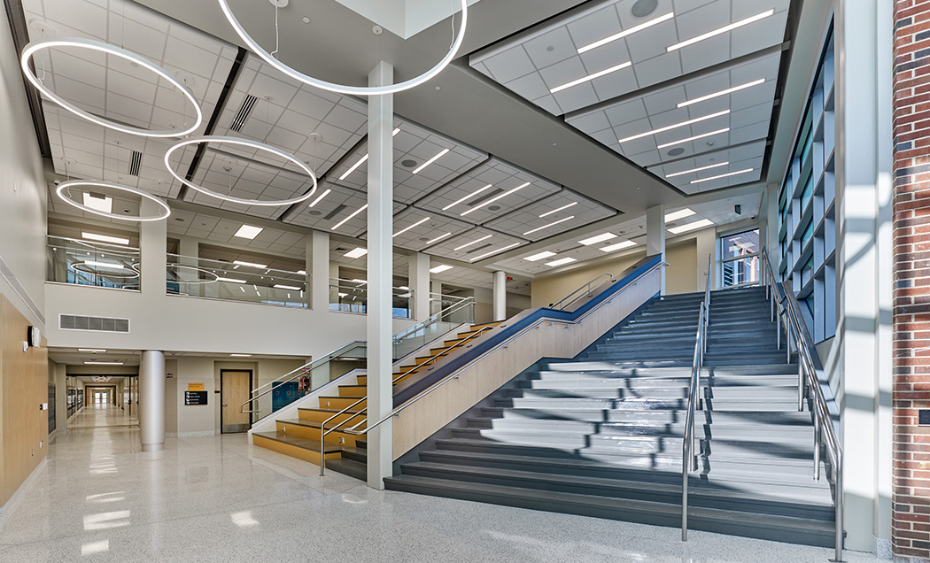 The interior of Ben Franklin Middle School featuring a staircase