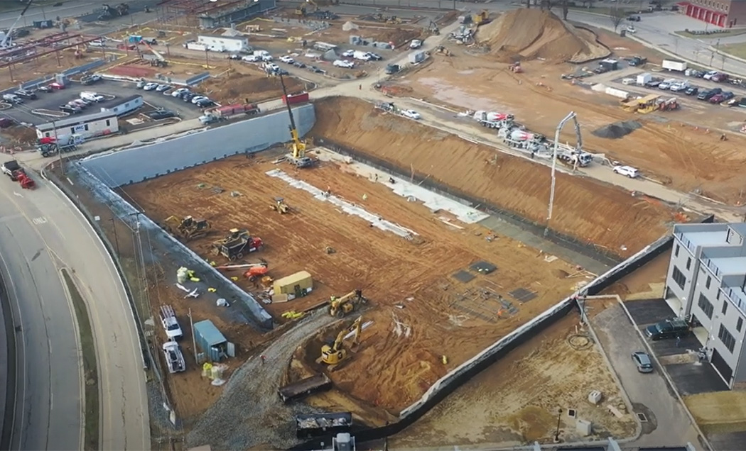 Drone photo of ongoing construction at the Ellis Mass Timber site