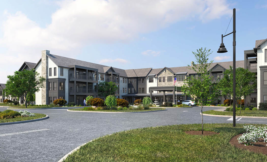 A rendering of Brightview Holmdel Senior Living featuring brown stone and wood exterior and a landscaped front yard.