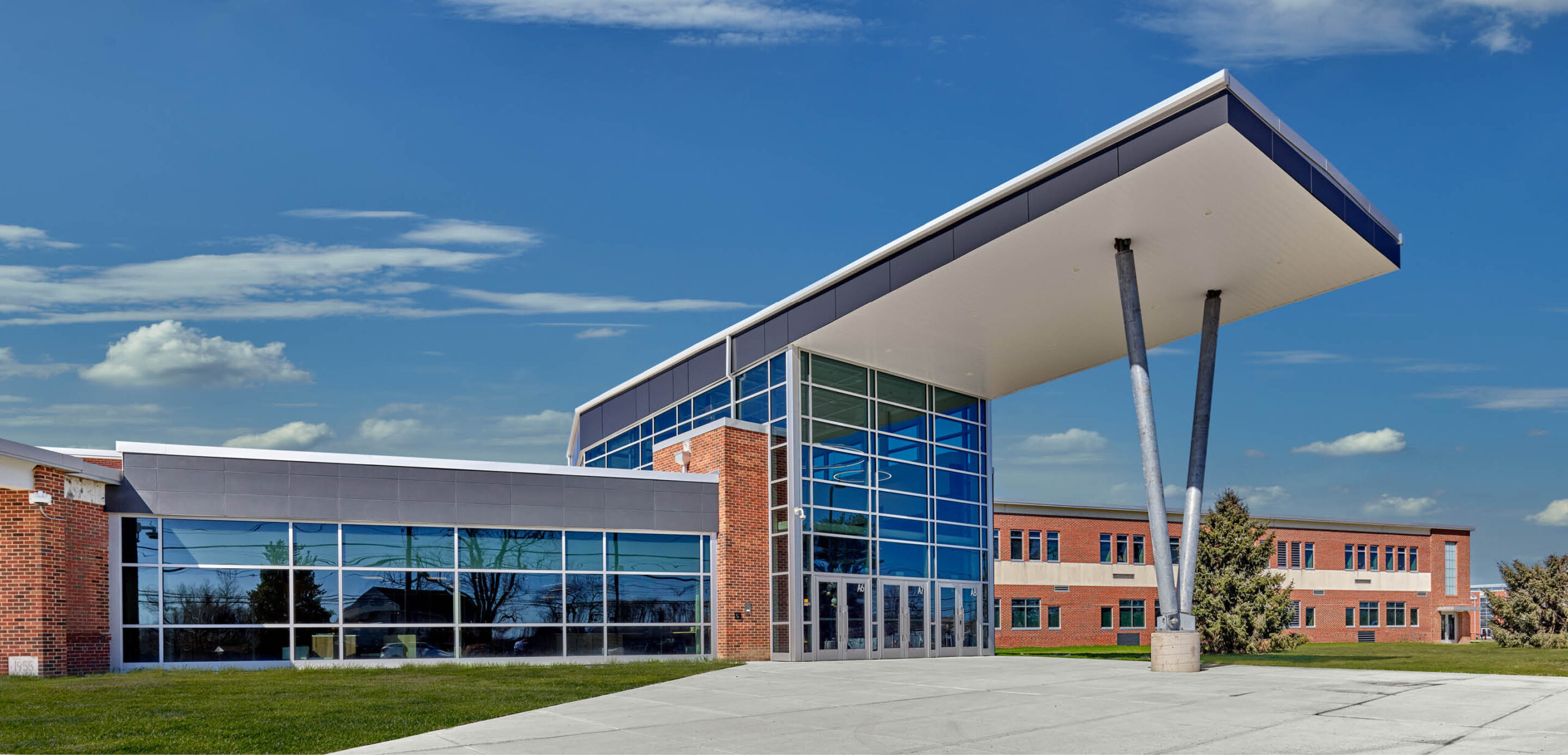 Exterior of school with glass windows