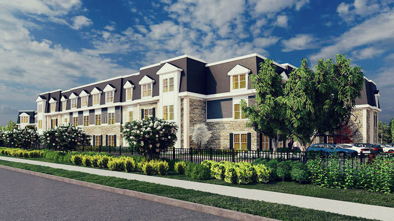 Rendering of senior living facility with lush landscape