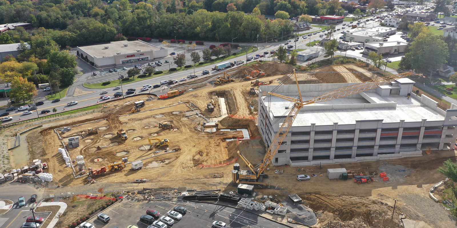 Aerial view of construction of multi-family apartment complex