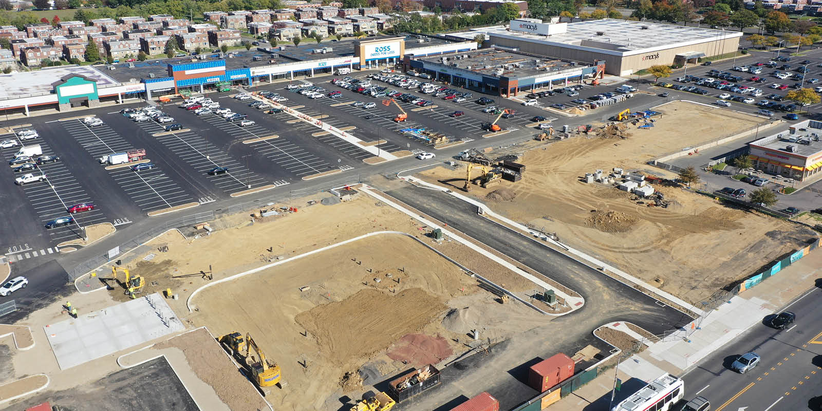 Aerial view of construction at strip mall redevelopment