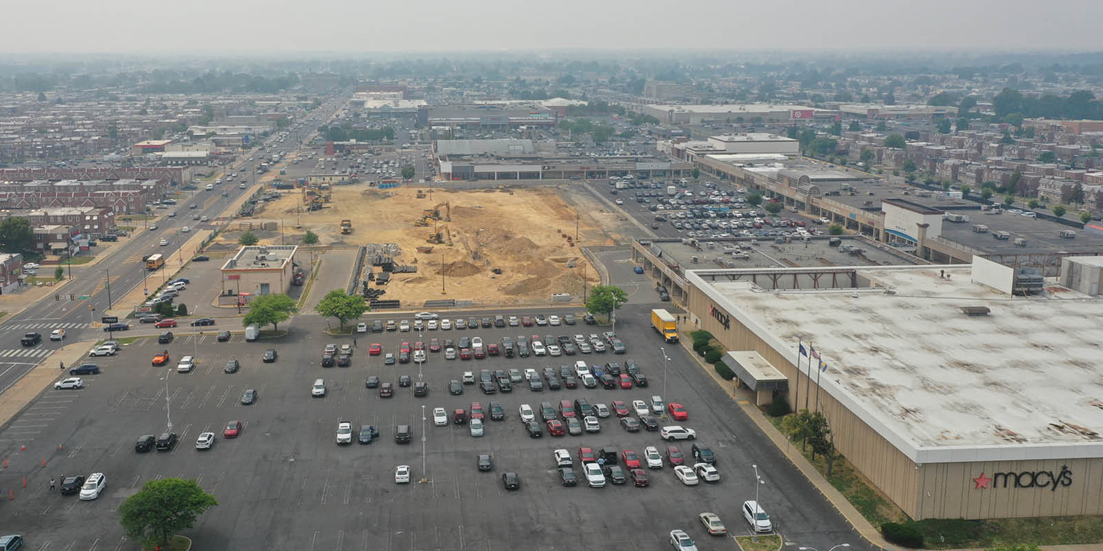 Aerial view of construction at strip mall redevelopment