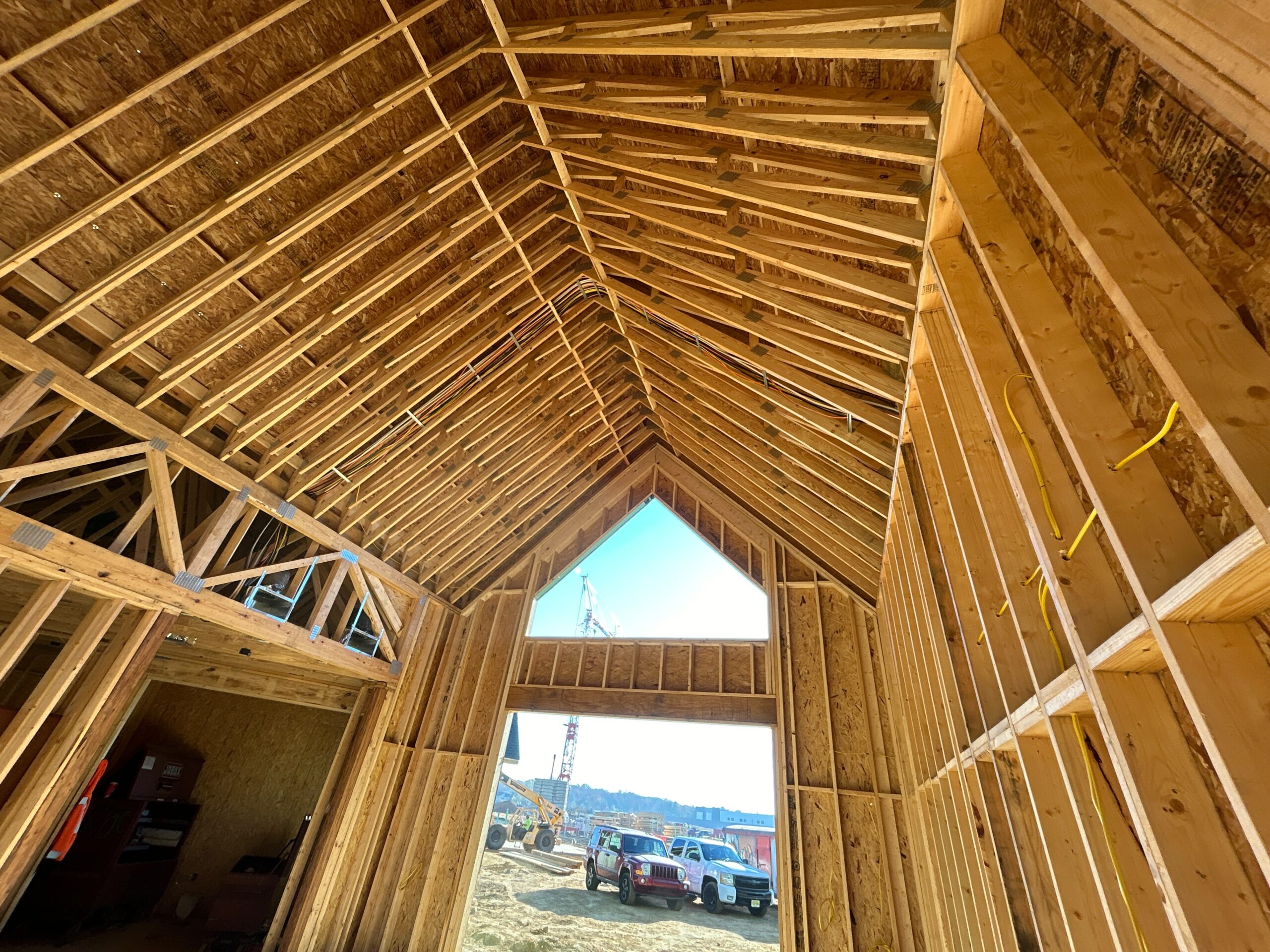 Wood framing of a building.